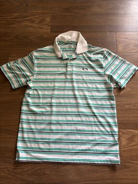 Under Armour White Polo with Green & Teal Stripes